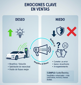 Esquema que explica que el miedo y el deseo son las dos emociones clave en ventas.