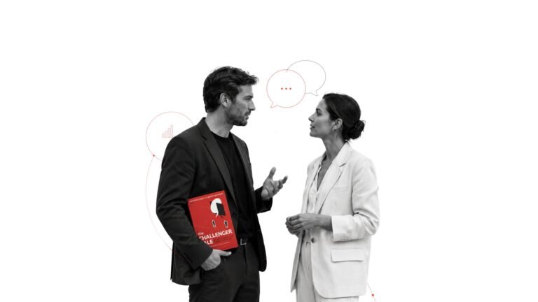 Hombre y mujer hablando del libro "The Challenger Sale", de Dixon y Adamson