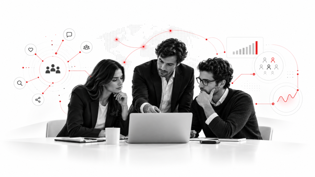 Equipo analizando conversaciones, audiencias y tendencias con Social Listening